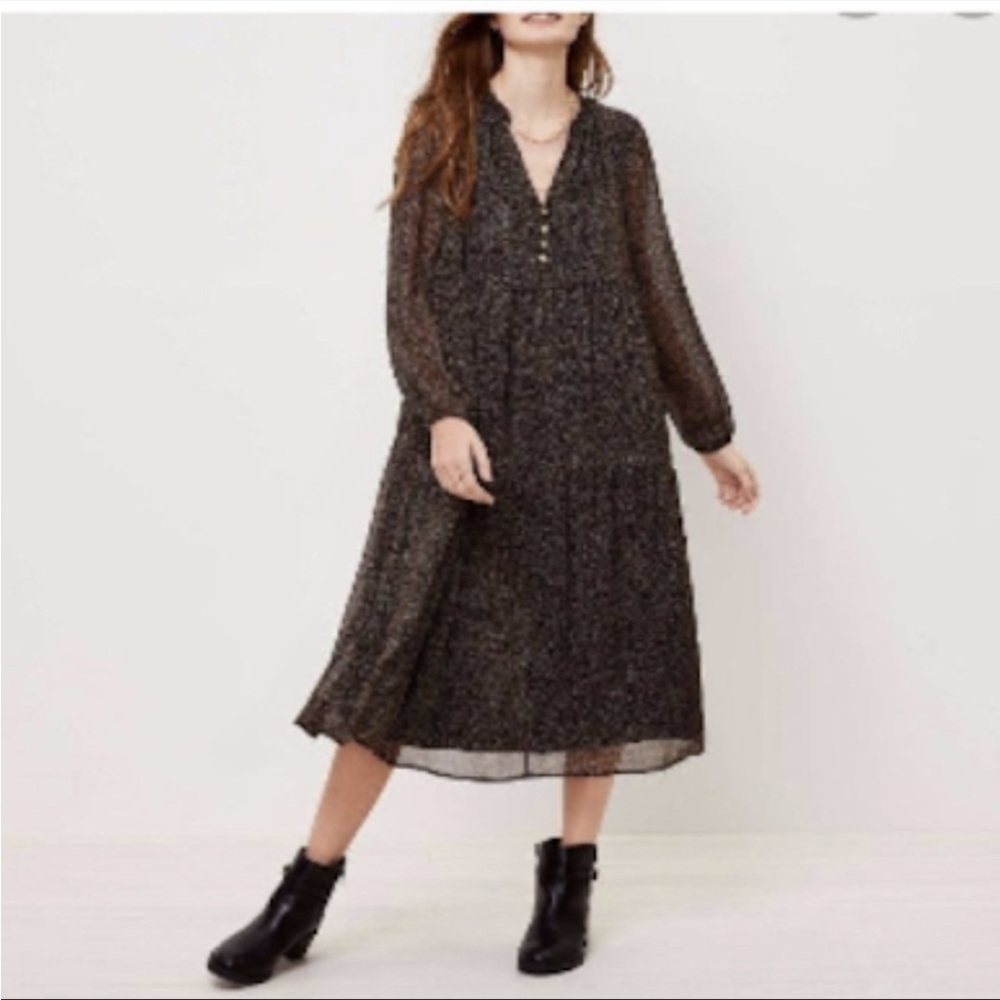 Ann Taylor LOFT Dress Midi Tiered Ruffle Button Lined Boho Button Front Speckle